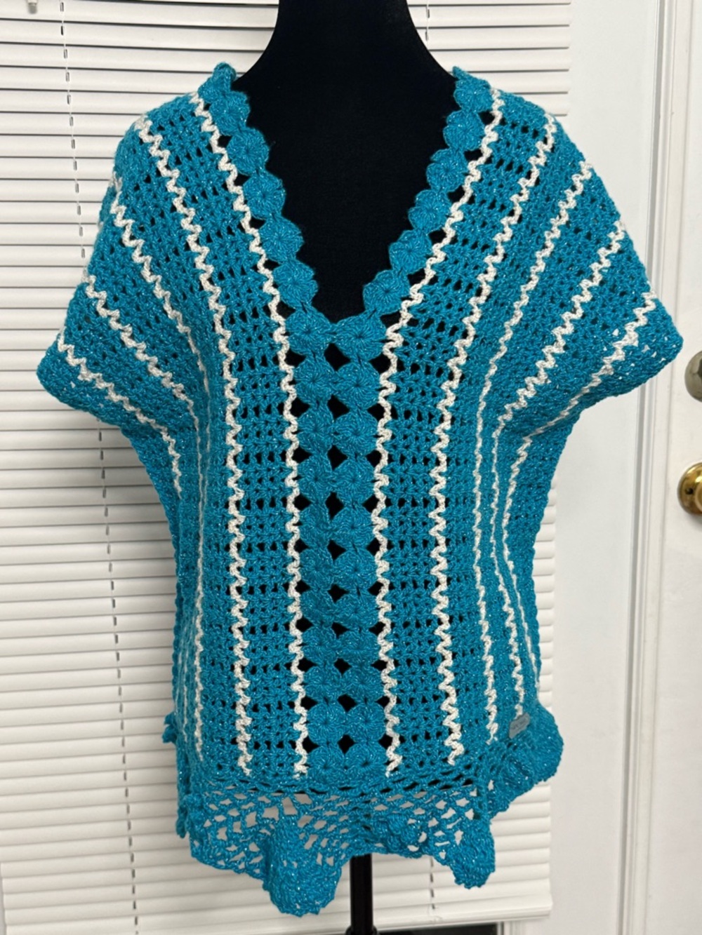 Handmade Teal and White Crochet V-Neck Poncho / Crochet Top